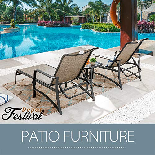 Festival Depot 3 Pc Patio Chaise Lounge Chair Set With Textilene, Adjustable Back And Side Table Metal Outdoor Furniture For Outside Pool Yard Garden #TOP5
