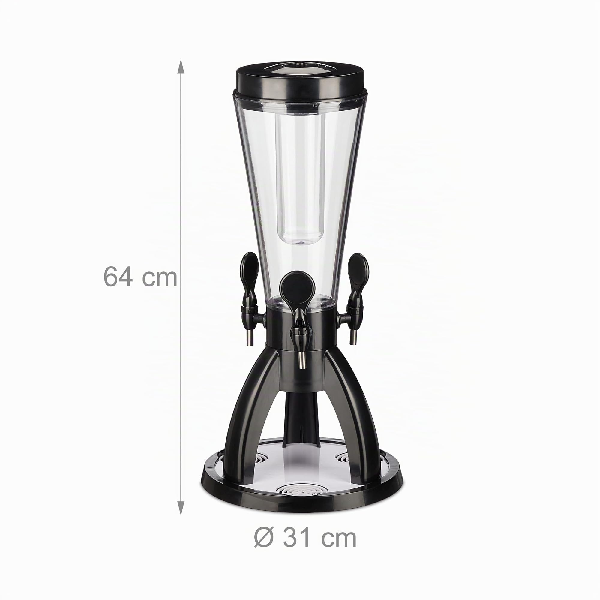 Relaxdays Torre de Cerveza con 3 Grifos, 4 L, Dispensador de Bebidas con Enfriador, Beer Tower, Transparente y Negro
