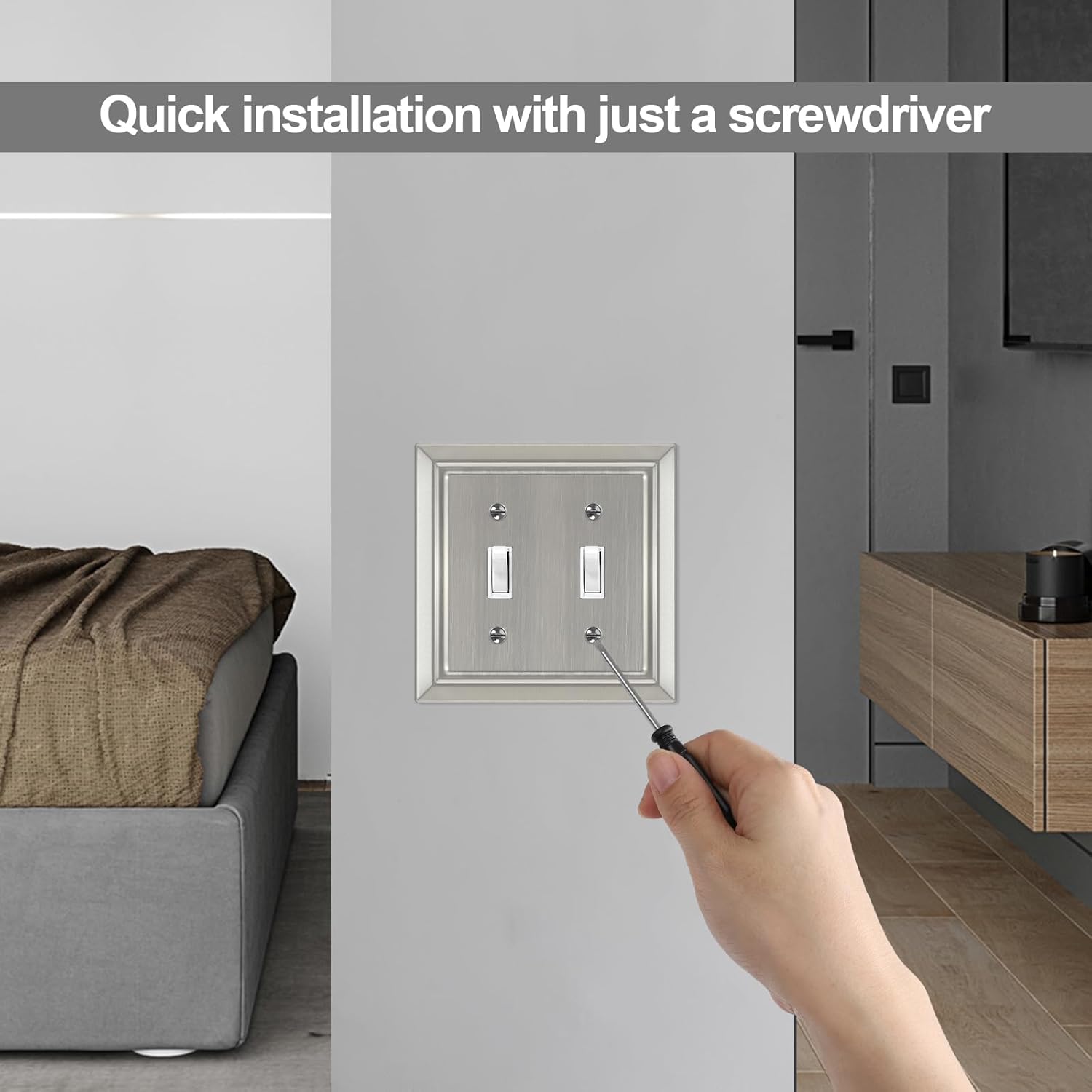 Metal Wall Plate for Electrical Outlets, Decorative Brushed Nickel Switch Plates Outlet Cover, Light Switch Cover Plate, 2-Gang Wall Plates (Double Toggle, 2 Pack)