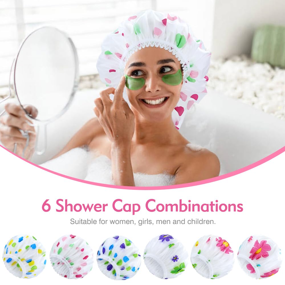 Yoosit 6 PCS Large Plastic Shower Caps Waterproof Bath Caps Reusable EVA Satin Lined Shower Hats Adjustable Bathing Hair Caps Bonnets for Women Girls (3 sun flowers + 3 dots) - Image 3