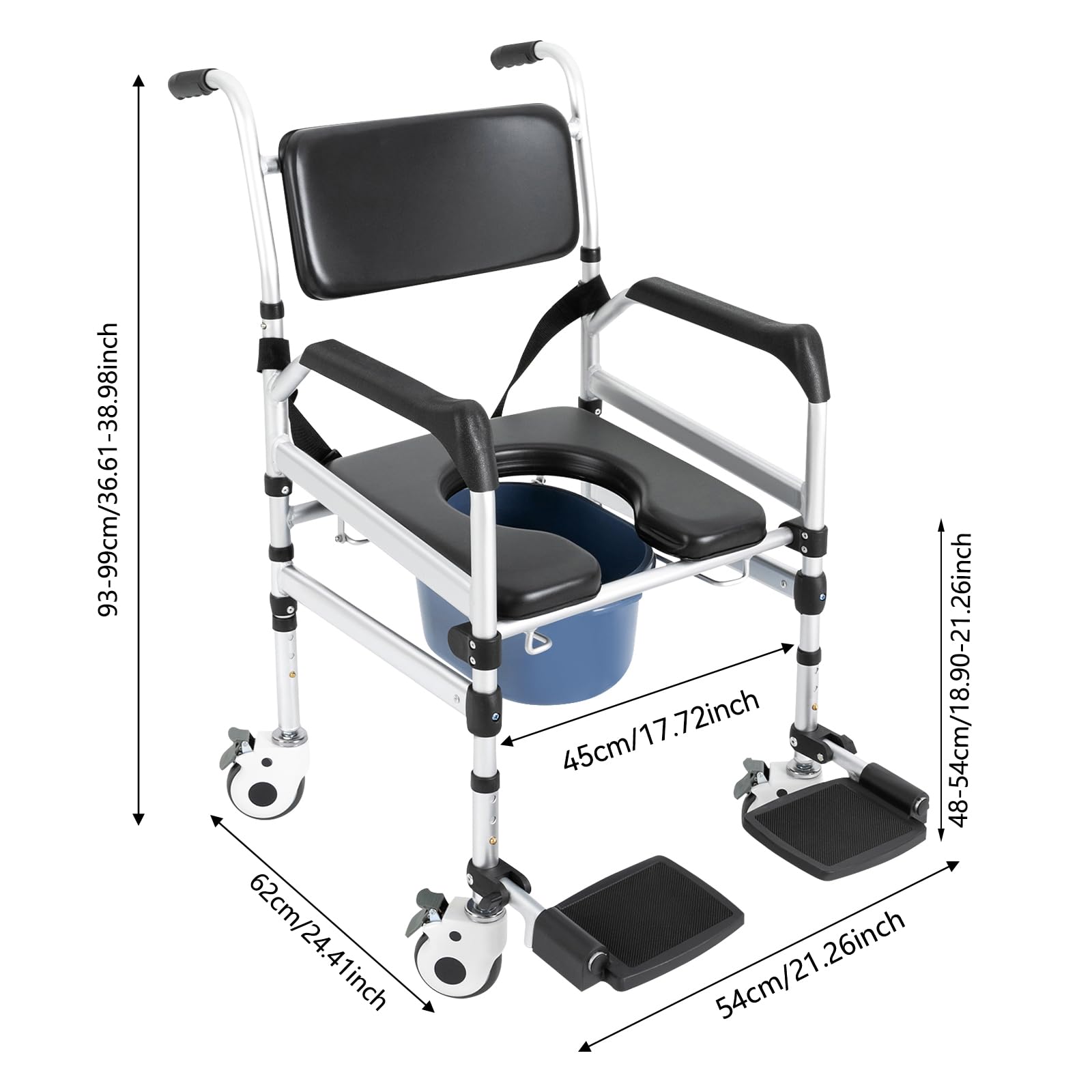 Toilettenrollstuhl mit 4 Feststellbaren Rollen, Duschstuhl Toilettenstuhl für Senioren, Toilettenstühle mit Bidet, 3-stufig Verstellbarer Höhe, Tragfähigkeit 160kg, Sitzhöhe 48–54cm