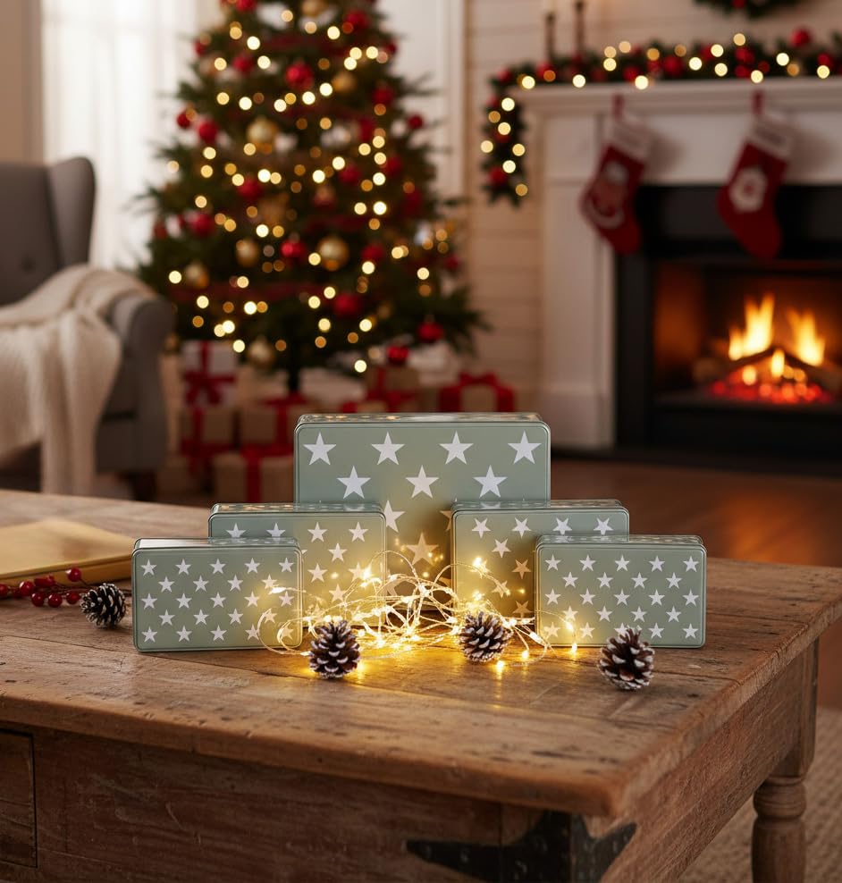 Brandsseller 5er Set Keksdosen aus Metall – Weihnachtsdosen mit Deckel, lebensmittelechte Vorratsdosen für Plätzchen, Gebäck & Kekse – Grau Sterne