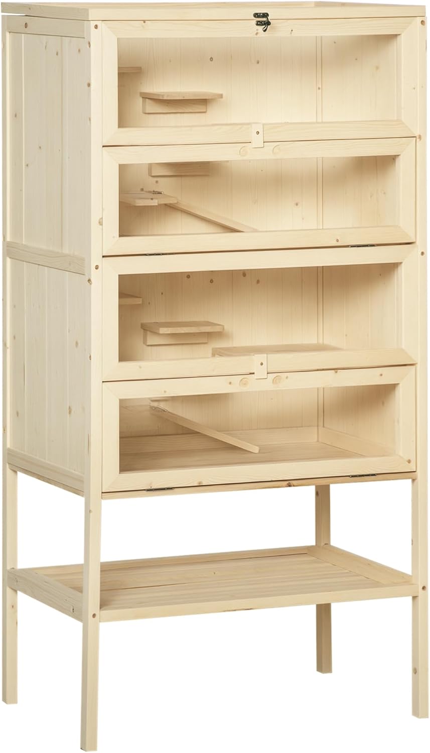 PawHut 5-Tier Wooden Hamster Cage Mice Habitat Rat Habitat with Openable Top, Front Door and Storage Shelf