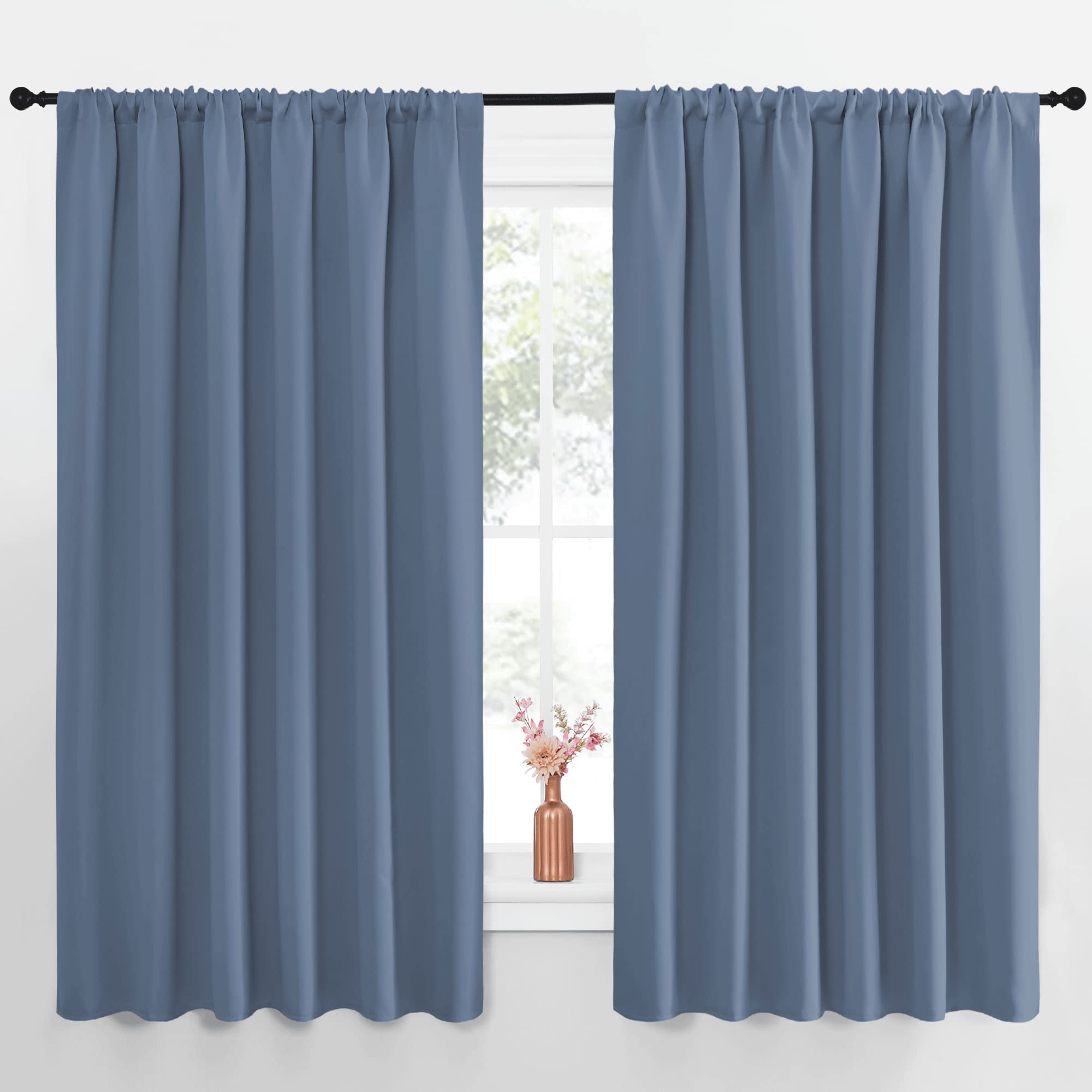 NICETOWN Blackout Curtains for Bedroom, Blackout Curtain Panels, Window Treatment Energy Saving Thermal Insulated Solid Rod Pocket Blackout Drapes/Draperies (Stone Blue, 1 Pair, 70 by 63-inch)
