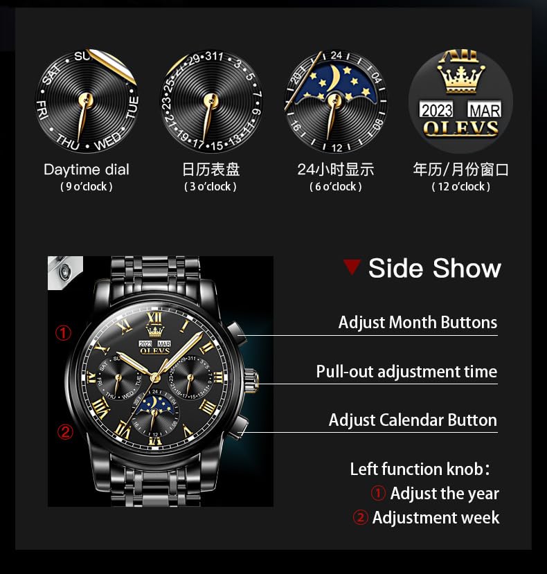 Image of OLEVS Watches for Men Automatic Mechanical Self Winding Dress Wrist Watch Multifunction Calendar Waterproof Luminous