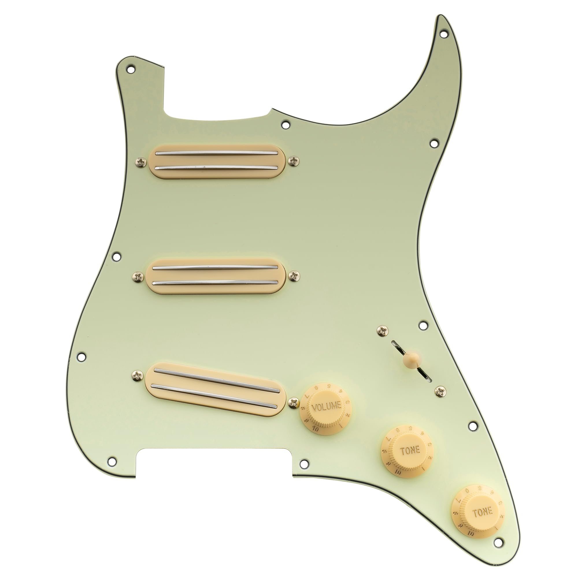 Musiclily Basic ST-SSS Vorverdrahtetes Schlagbrett Pre-Wired Loaded Pickguard mit Keramik Mini Rail Humbucker Tonabnehmer Set für Strat Style E-Gitarre, 3-lagig Mint Green