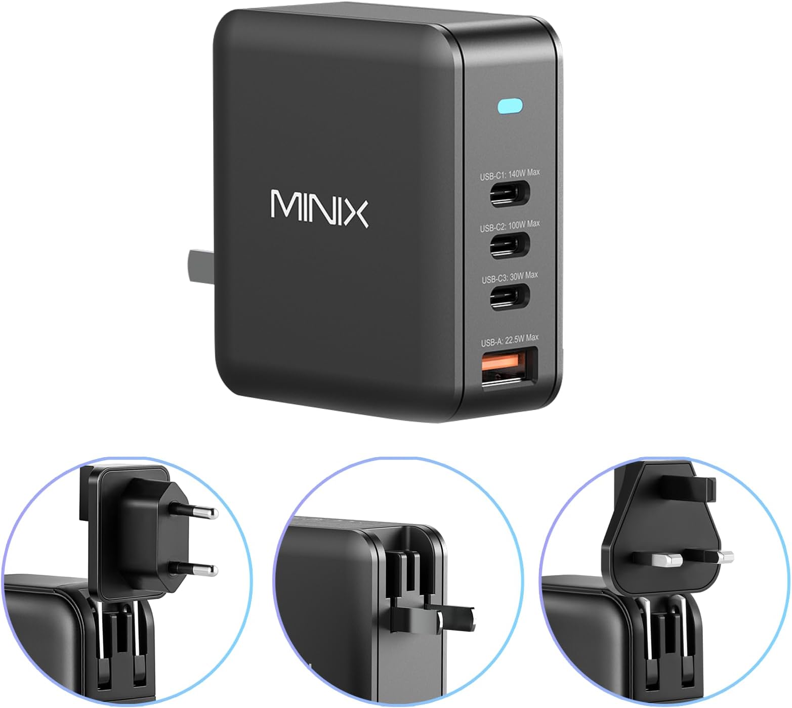MINIX 165W USB C Charger, GaN II Charger PD3.1 Max 140W,Turbo 4-Port GaN Wall Charger, Fast Charging Station, Compatible with MacBook Pro/iPad/iPhone15 14 13 Pro Max/Steam Deck/Galaxy S24 Ultra