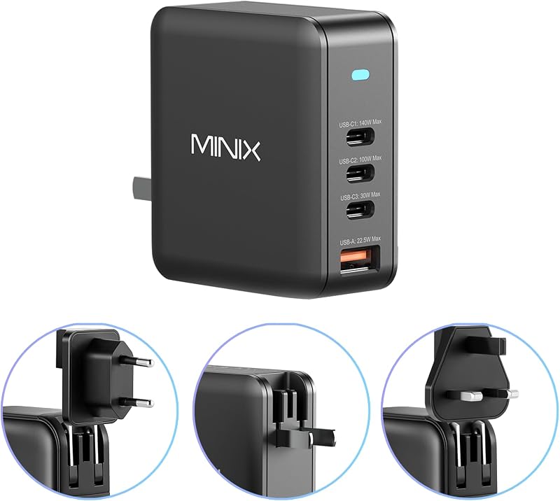 MINIX 165W USB C Charger, 140W PD 3.1 GaN Fast Charging Station for MacBook | 4-Port Travel Power Adapter (US/EU/UK Plugs) for MacBook Pro 16", iPad Pro, iPhone 17 16 Pro Max, Galaxy S25 S24, Steam Deck