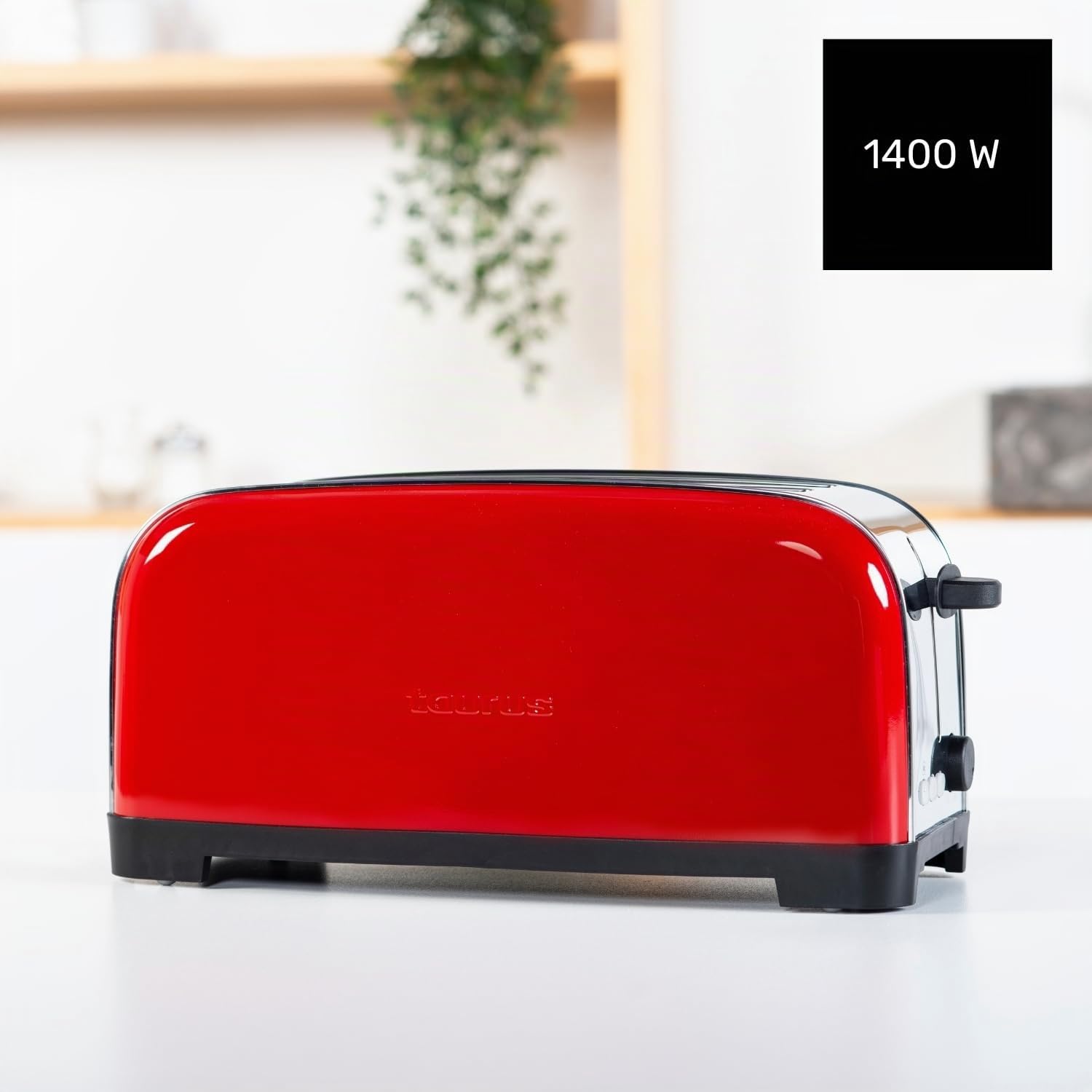 Taurus Vintage Red - Grille-pain 1400W, 6 niveaux de brunissage, Deux fentes extra longues, Fonctions : arrêt, réchauffage et décongélation, Système de centrage automatique, Acier inoxydable