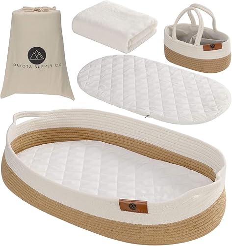 Cesta para cambiador de bebé, cesta de pañales Moisés con almohadilla de espuma, 2 fundas impermeables, manta, organizador de pañales,
