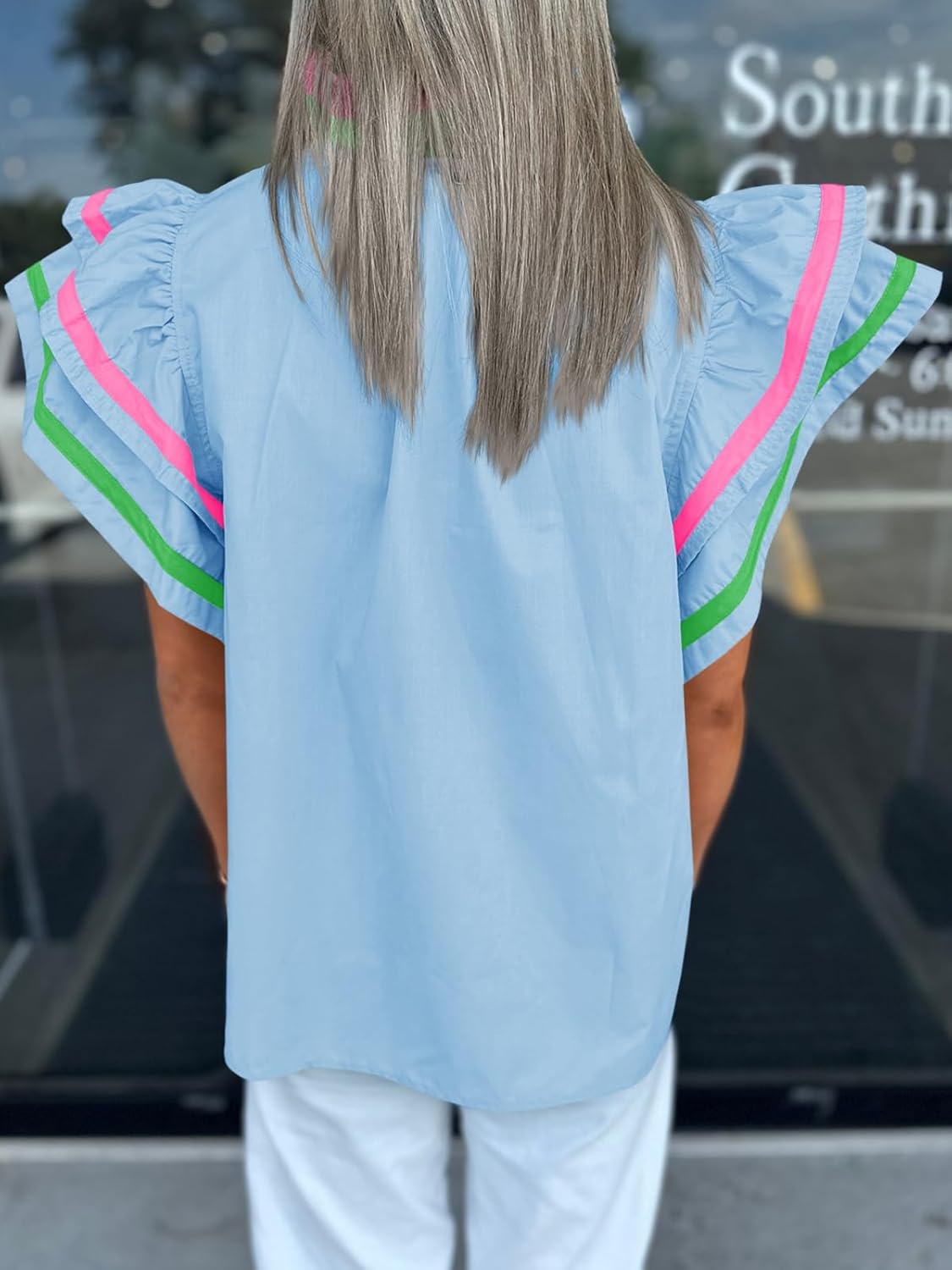 Cicy Bell Womens Ruffle Cap Sleeve Tops Color Block V Neck Dressy Casual Blouses Summer Pleated Loose Fit Shirts - Image 5