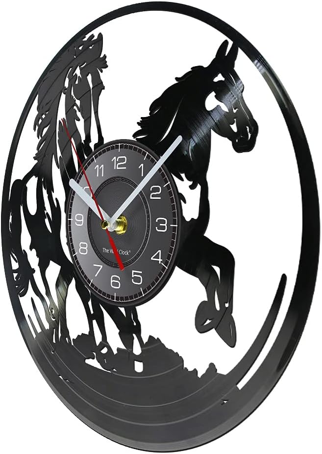 Running Horses Vinyl Record Wall Clock Horse Silhouette Laser Etched Album Music Record Silent Quartz Wall Watch Horseman Home Decor