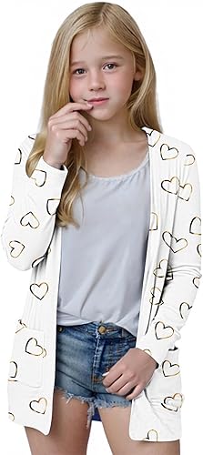Girls Cardigan Sweaters with Pockets, Love Printed Open Front Cardigans Lightweight Fall Coats for Kids 5-14 Years