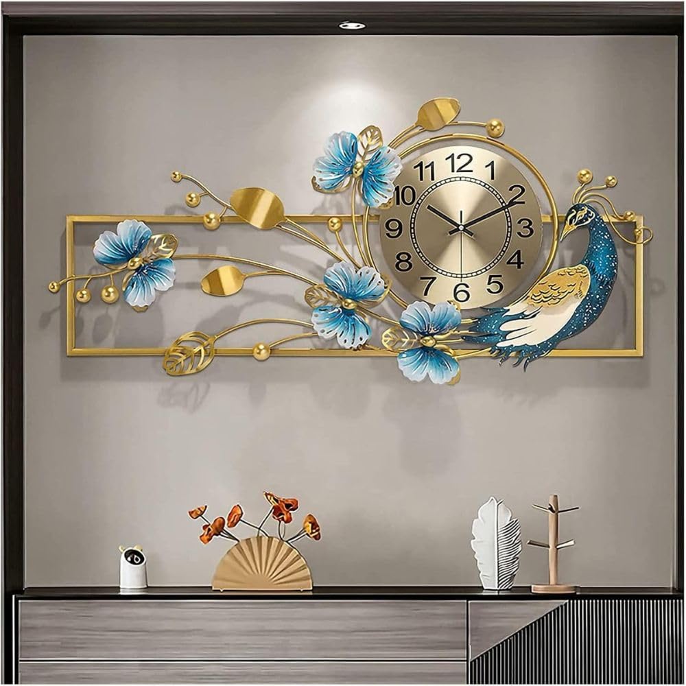 Large Metal Multicolor Peacock Leaf Wall Clock Floral Design Modern Decorative Clock for Living Room, Bedroom, Office, Dining (Size 42x26 Inch)-image-33
