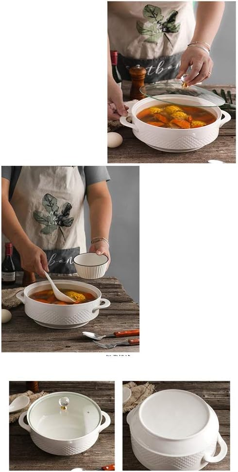 Nordic Ceramic Handle Salad Fruit Soup Bowl with Lid Anti-scalding Noodle Rice Food Pot Dessert Breakfast Oat(19 * 13cm)