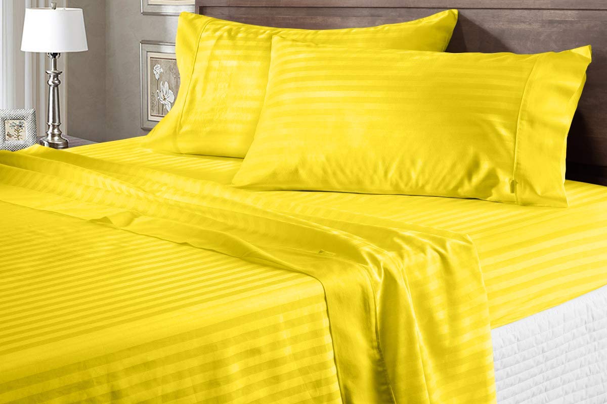 100 Egyptian Cotton 600 Thread Count Bed Sheets-Queen Size Deep Pocket Upto 25-27 Sheet Set Yellow Stripe