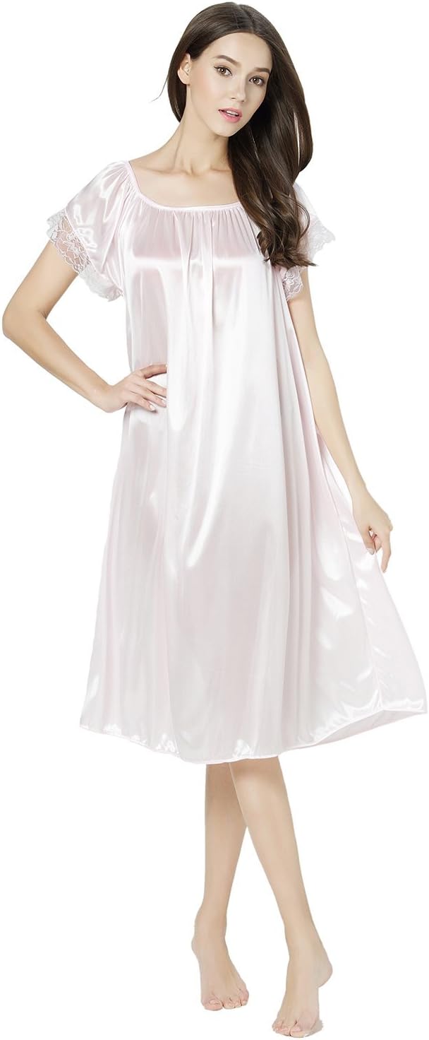 ChancenWomen's Short Sleeve Lace Trim Satin Silky Long Nightgown Sleepwear Dress (Light Pink)