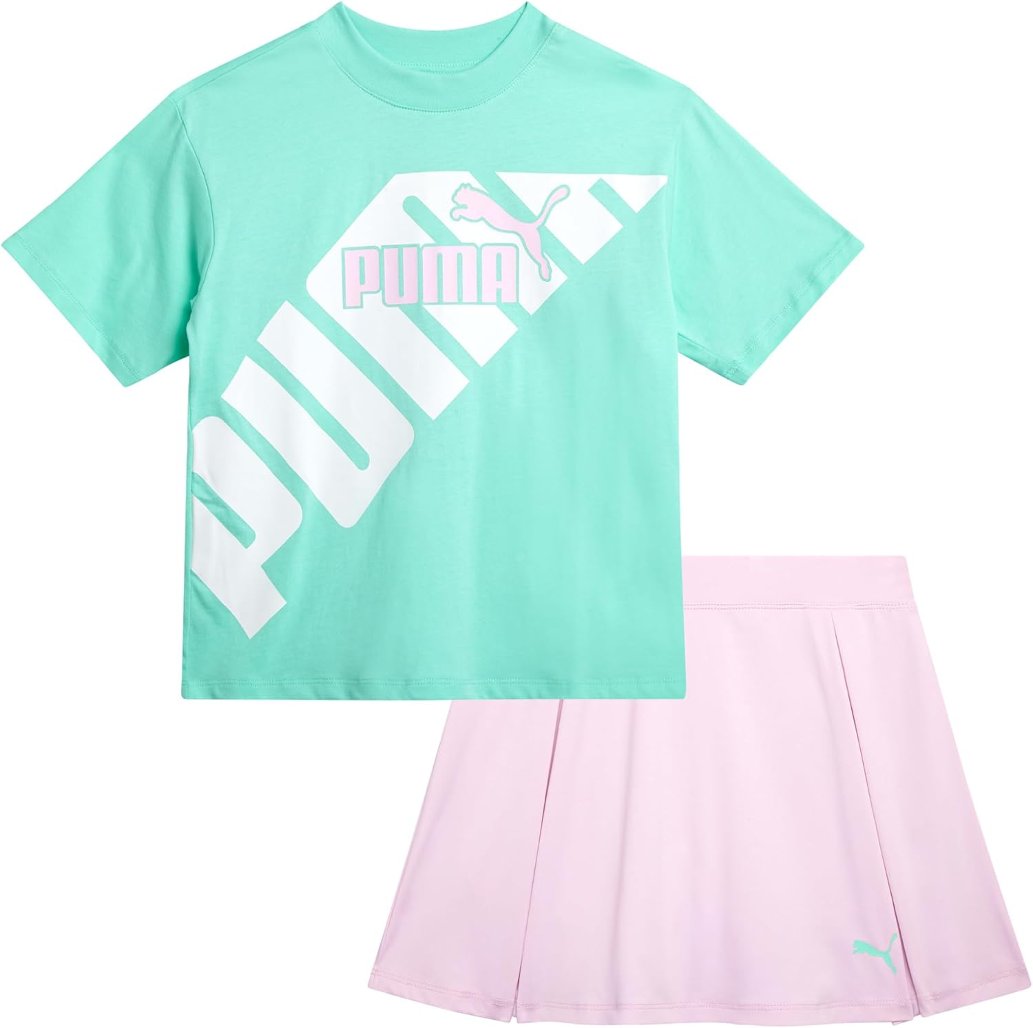 PUMA Girls Active Skirt Set- 2 Piece Active Skort and Short Sleeve Athletic T-Shirt - Sporty Girls Summer Outfits Set (7-14)