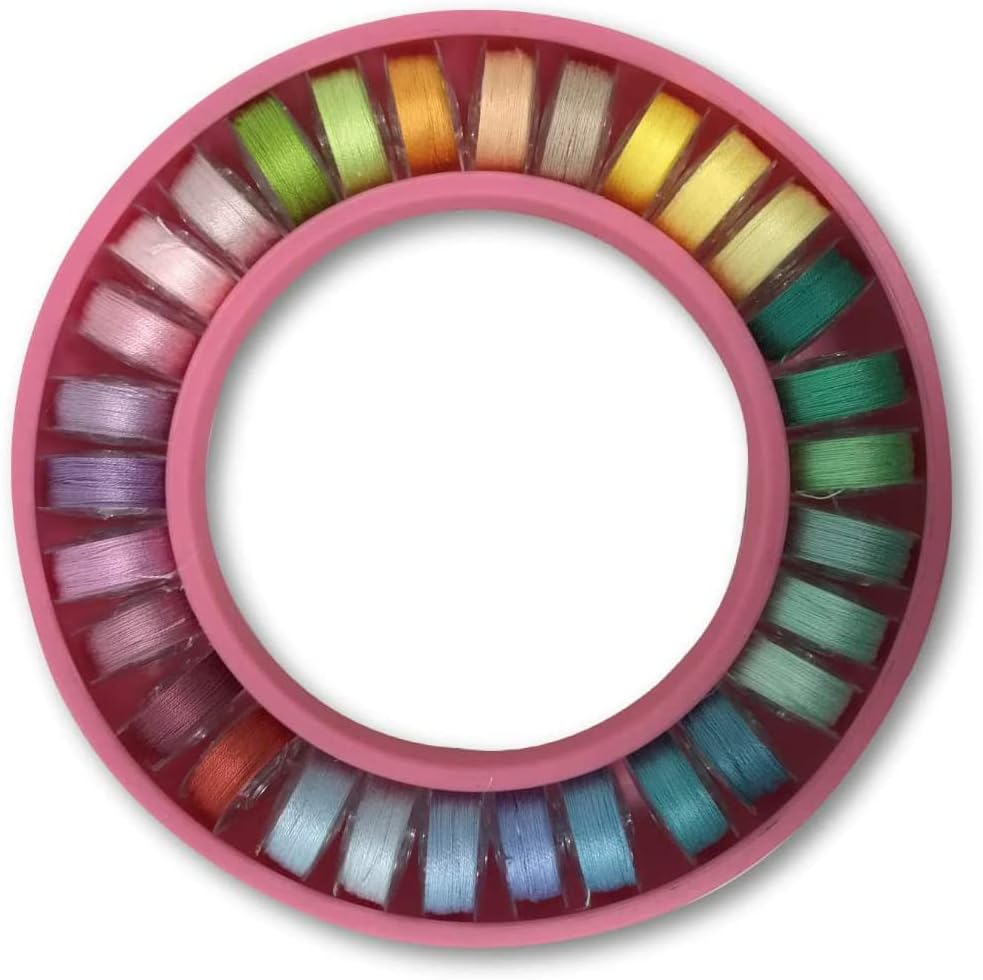 The Quilted Bear Bobbin Holder Ring - Sewing Accessories Bobbin Organiser & Storage with 30 Pre-Wound Sewing Thread Bobbins in Assorted Dark Colour Threads