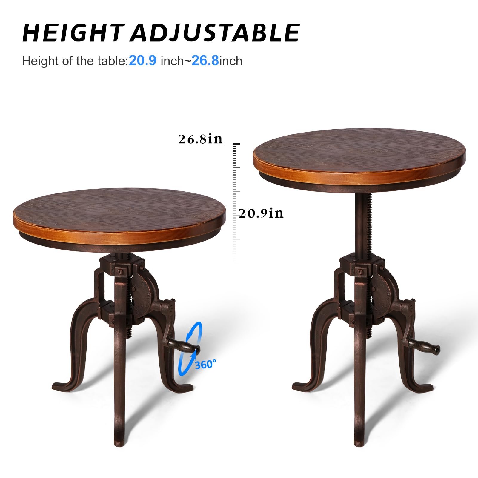 Industrial Iron Adjustable Crank Accent Table | Walnut Wood Top/Copper Home Decor Crank End Table
