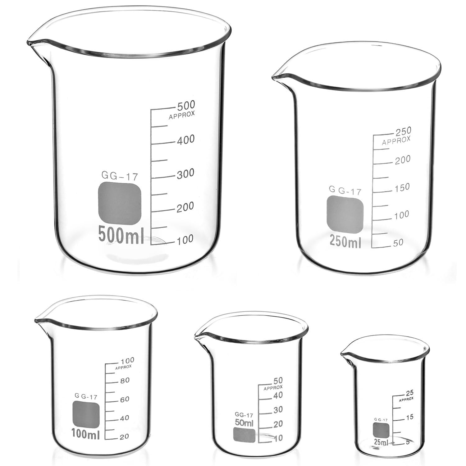 Zlewka laboratoryjna, 5-częściowy zestaw zlewek ze szkła borokrzemianowego z podziałką 5–100 ml do laboratorium i kuchni(25ml - 500ml)