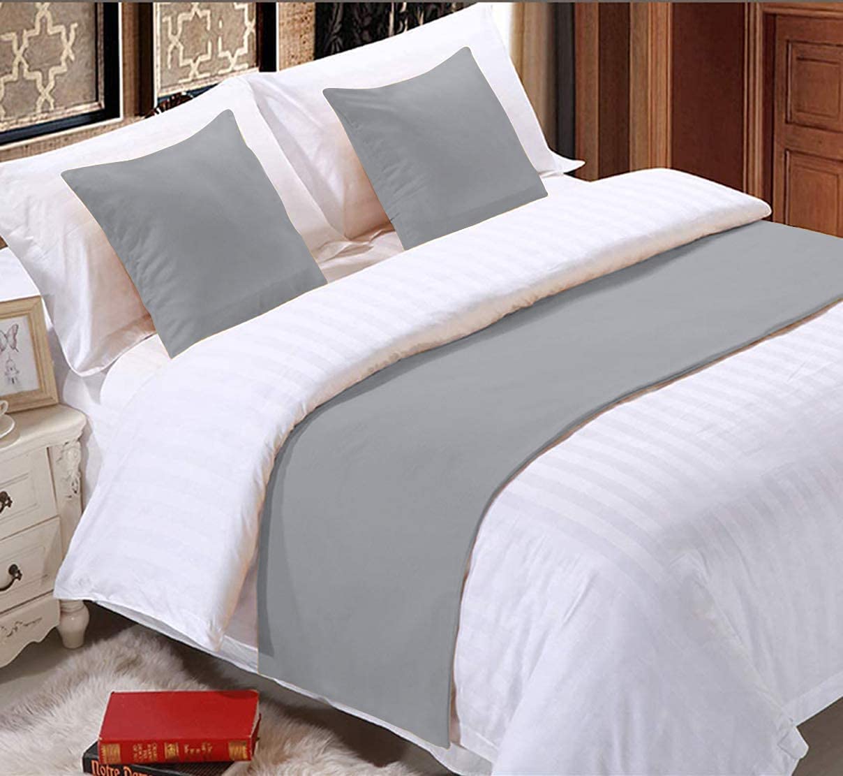 800 Thread Count Egyptian Cotton Bed Runner Decorative Bed Scarf 1 Piece Bed Runner & 2 Piece Matching Cushion Cover Cal-King Size [Silver Grey Solid]-image-17