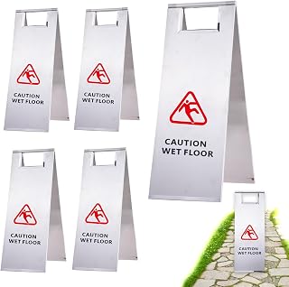 5PACK Wet Floor Sign, 24 Inch Caution Wet Floor Sign Stainless Steel Double Sided Portable Foldable Handle Bilingual Safety Warning Signs for Restaurant Restroom Office Avoid Fall