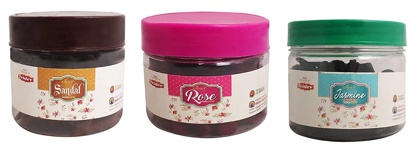 Jain's Tridev Dhoop Cones. Pack of 3 Boxes Sandal, Rose and Jasmine (45 Dhoop Cones Each and 1 Dhoop Stand Per Box), Organic and Indian Herbs.
