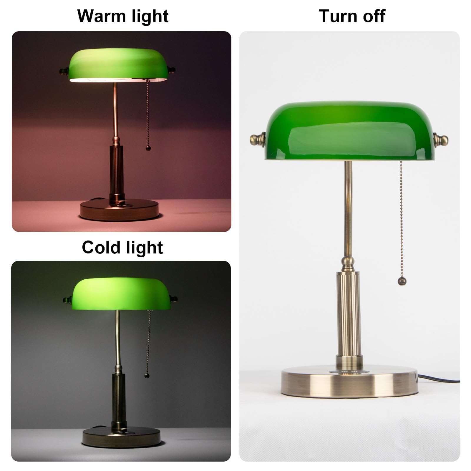 FIRVRE Bankers, zielona szklana lampka na biurko, stolik nocny, lampka z bezprzewodowym ładowaniem, port USB, vintage, mosiądz, łańcuch ciągnący, przełącznik, klasyczna lampa stołowa do domu, biura