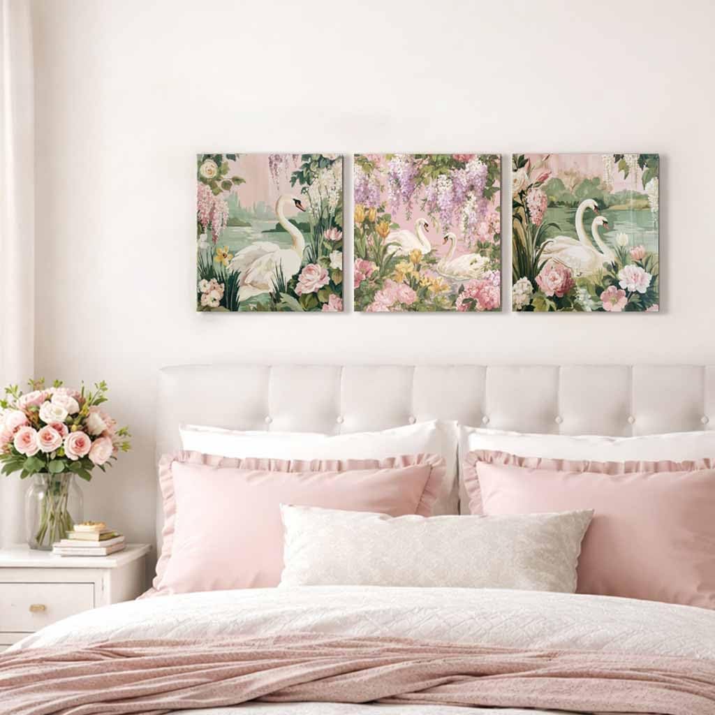 Artiluxy 3 Piece Swan Canvas Wall Art 12x12 Inch Each, Pink Floral Lake Wall Decor Set, Romantic Cottagecore Botanical Prints for Bedroom Living Room, Ready to Hang (Swan Pink)
