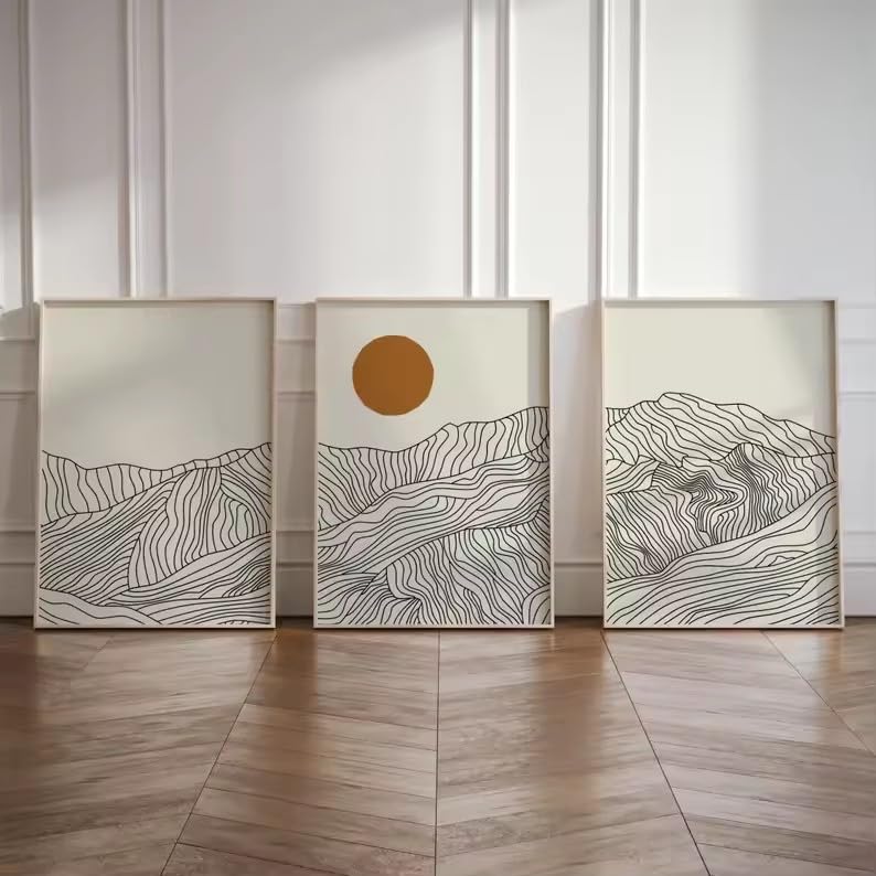 DIHANSM Japanische Alpen Sonnenaufgang Abstrakte Linienlandschaft Wandkunst Poster Heimdekoration (70x100cmx3/Ungerahmt)
