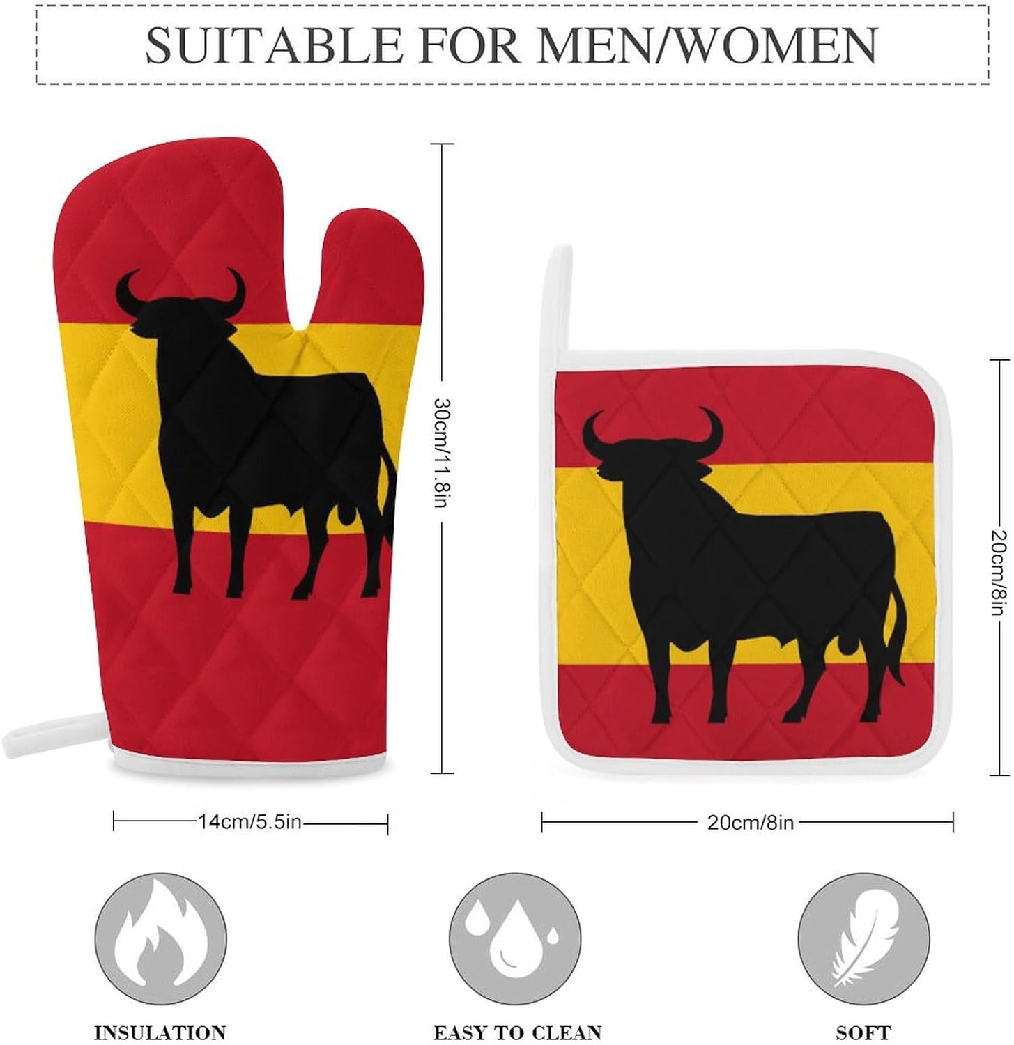 Spanish Bull Print Oven Mitts and Pot Holders 3 Piece Sets Heat Resistant Gloves Hot Pads Potholders for Kitchen Baking Cooking