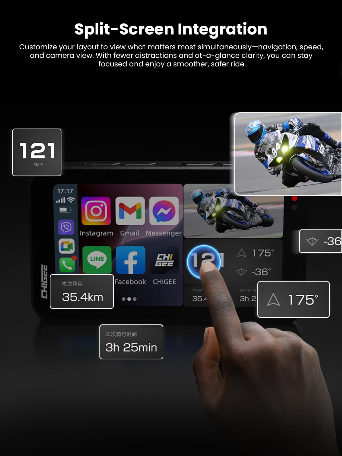 CHIGEE AIO-5 Evo Motorcycle Smart Riding System, Wireless CarPlay & Android Auto, Dual 1080P Front & Rear Dash Cam, Blind Spot Detection (BSD), 5" Waterproof Display, Parking Mode