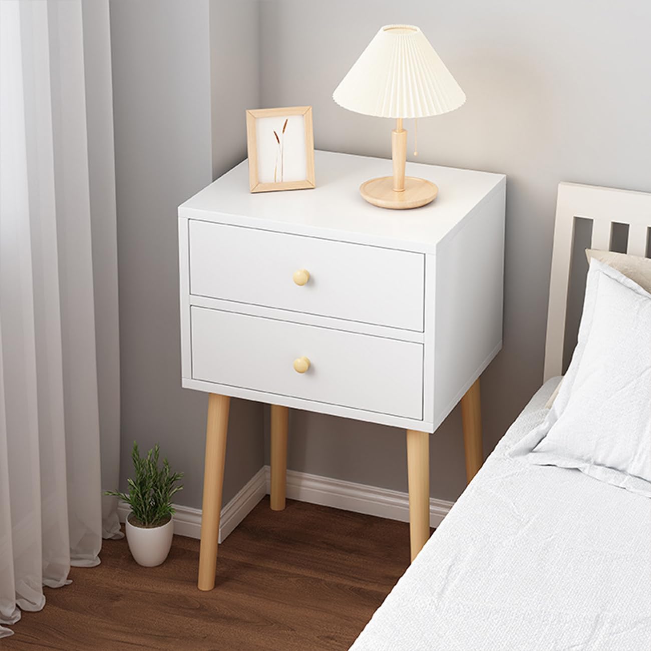 KLONOX Bedside table, modern table side bedside table with solid wood legs, bedside storage cabinet with drawers, suitable for bedroom, living room (Two layers)