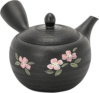 常滑焼 急須 9-196 春秋 19号 黒丸花水木帯網急須 340ml 帯アミ 深蒸し茶 番茶 ほうじ茶用 日本製 箱入り T1579