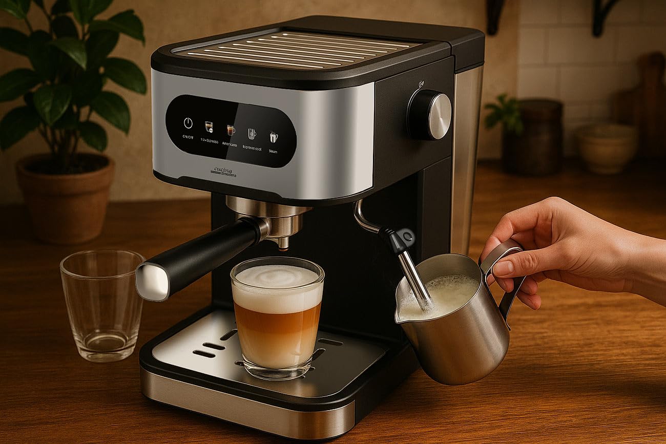 Machine à expresso porte-filtre avec mousseur à lait et réservoir à lait [Cucina di Modena]