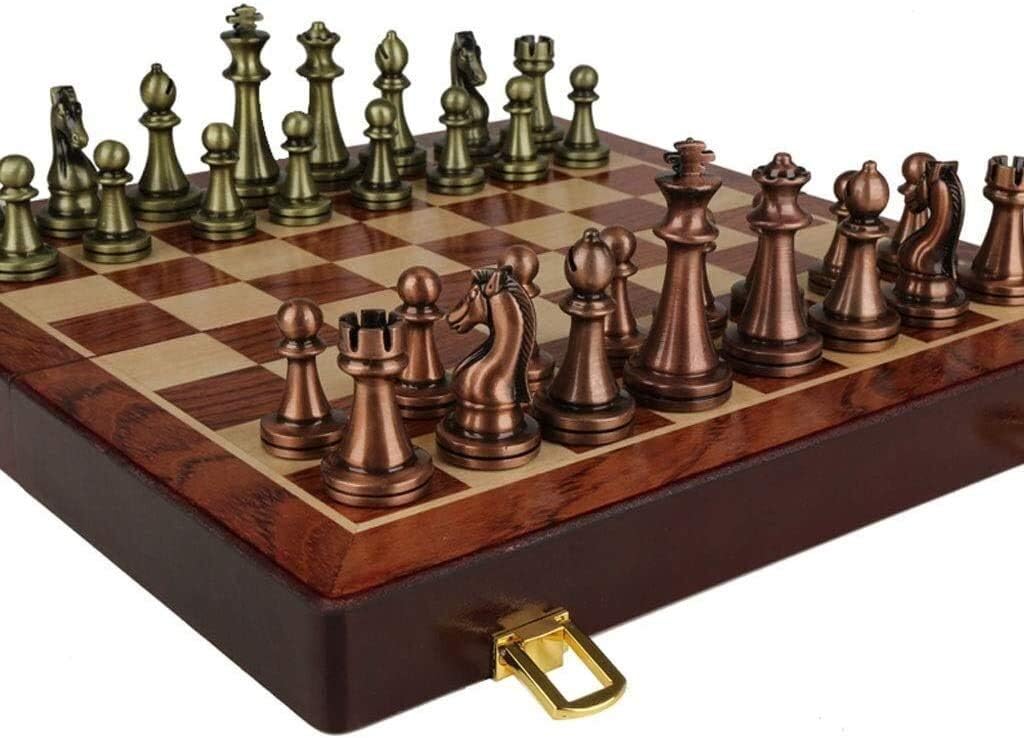 Foldable Chess Board from Solid Wood for Adults Pieces of Metal Play Chess Decoration/Gift/Children's Toys Bronze 30x30cm (Color : Bronze) (Bronze)