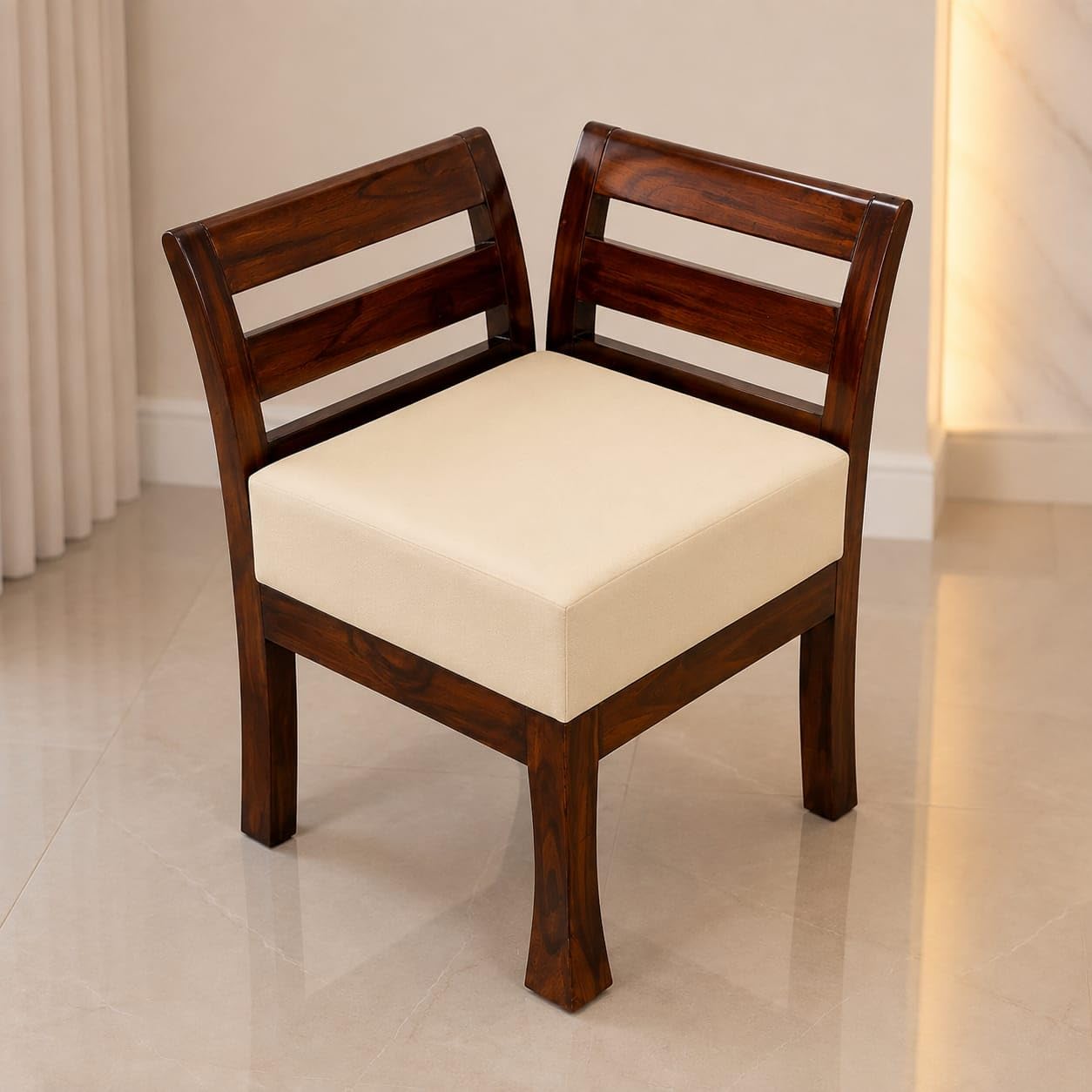 Premium Solid Teak Wood Corner Dining Chair with Off White Upholstered Seat, Walnut Finish, Modern Matt Design (Walnut, Teak Wood, Off White Velvet Fabric)-image-41