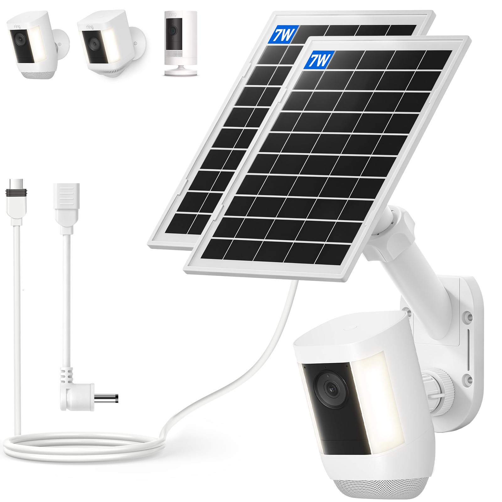 Pannello solare e supporto da parete 2 in 1 per Ring Cam, caricatore solare da 7 W compatibile con anelli Spotlight e Stick Up Outdoor Cam Batteria, Supporto per telecamera di sicurezza per esterni