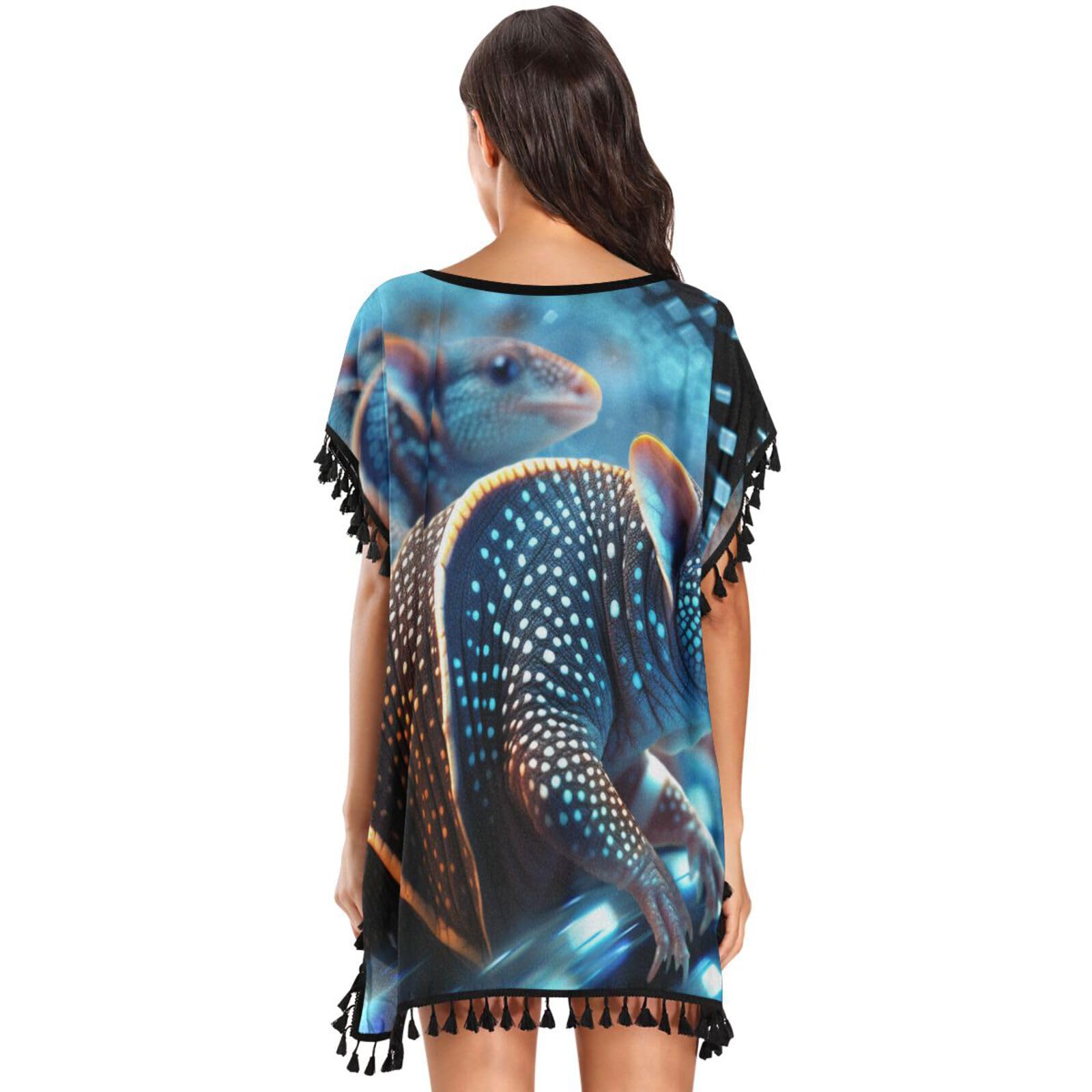 Sparkle Art Blue Armadillos Mouse Women's Beach Cover Up Chiffon Tassel Swimwear Swimsuit Coverups for Girl
