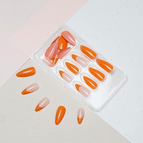 Miniatura 4 de Uñas postizas a presión de Acción de Gracias, punta francesa de otoño, almendra, naranja medio, uñas postizas reutilizables de gel de ajuste natural
