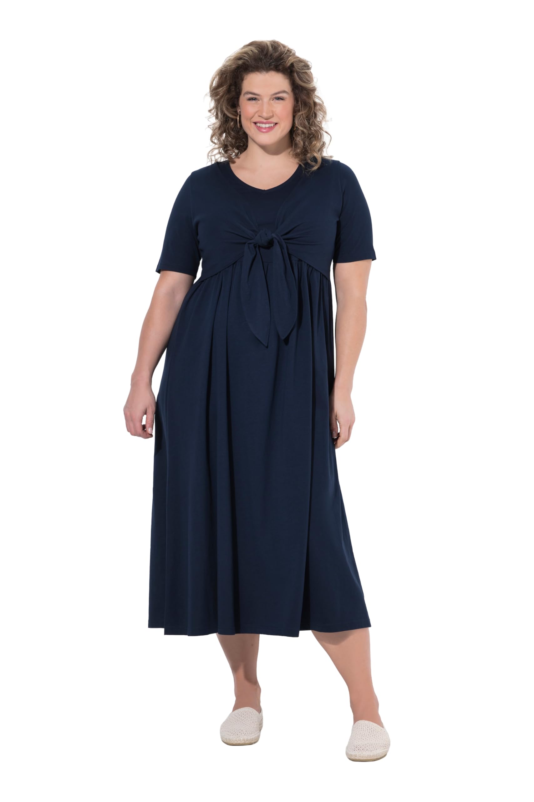 Ulla Popken Damen große Größen Übergrößen Plus Size Maxikleid, Wickeloptik, V-Ausschnitt, Halbarm, Biobaumwolle 849480