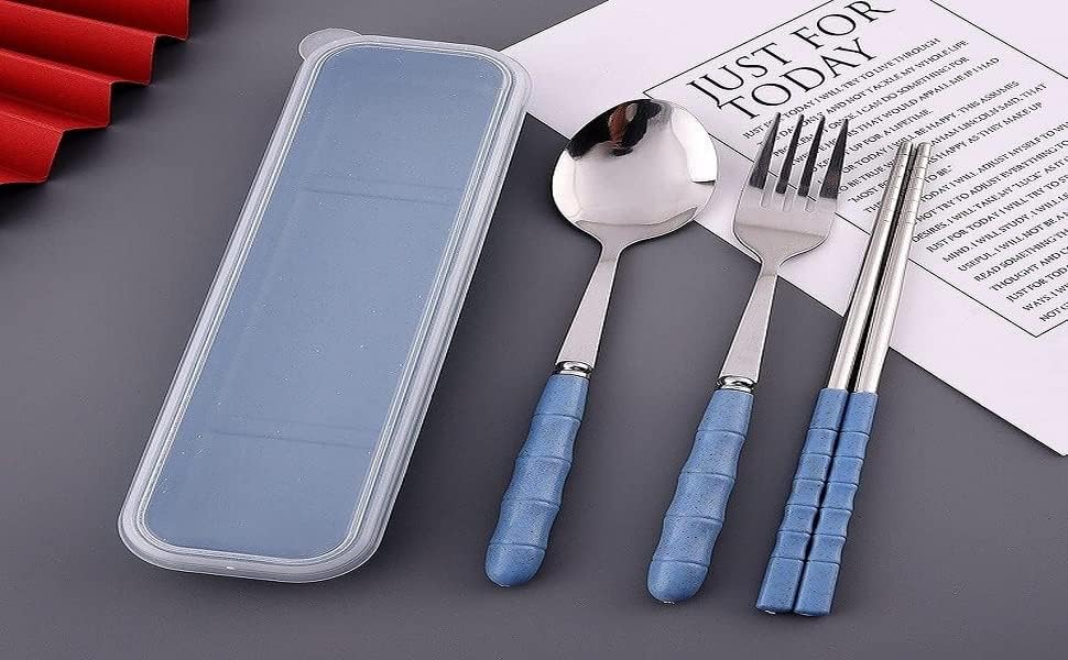 Image of Favria 3 Piece Stainless Steel Spoon,Fork and Chopstick Portable Travel Spoon Box Anti Slip Cutlery Set for Office Lunch Box,Travel, School,Picnics,Camping and Outdoor Home Utensil Set (Blue)