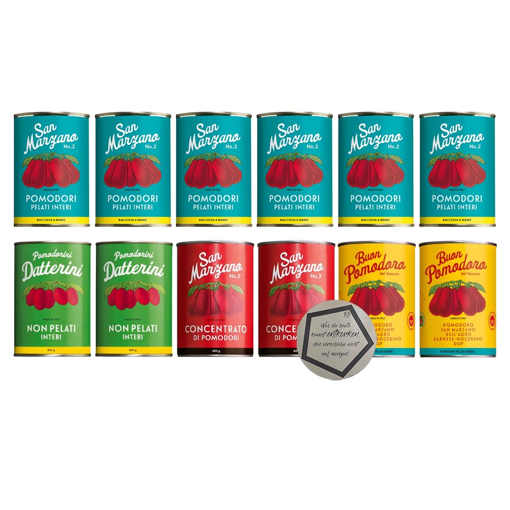 Il Pomodoro Piu Buono | Tomaten12er Set | Pelati Interi 400g 6x, Datterini 400g 2x, Concentrato 400g 2x, Buon Dell'agro 2x 400g inkl. LOVEVINO Silver Button Sticker
