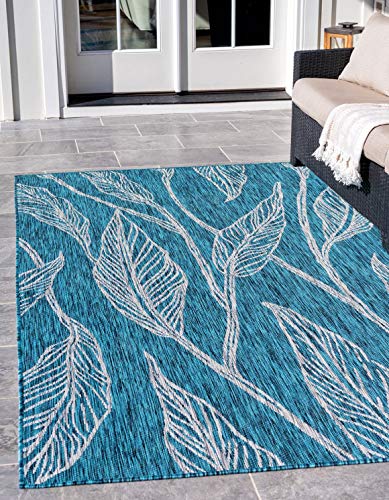 Unique Loom Outdoor Botanical Collection Area Rug - Leaf (6' 1" x 9' Rectangle, Teal/ Ivory)
