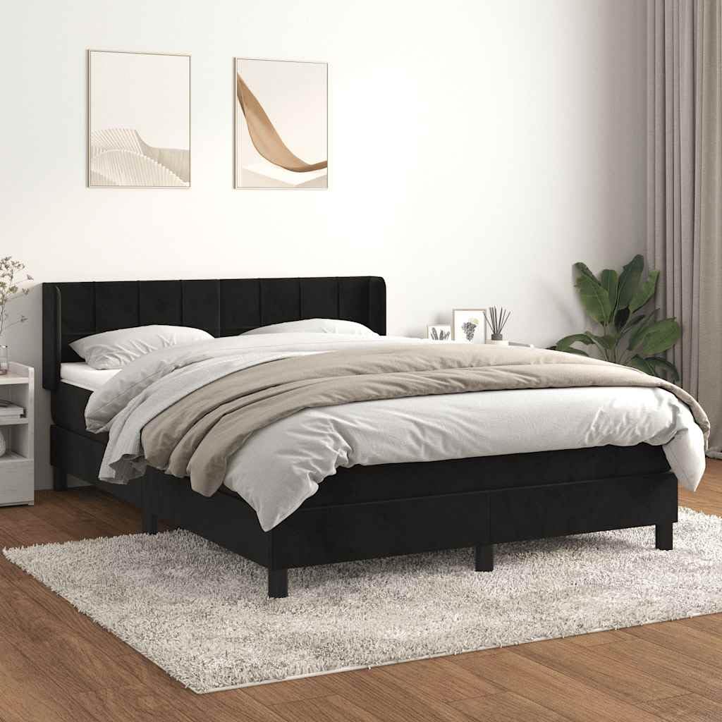 Aksamitne łóżko kontynentalne z regulowanym zagłówkiem 140x190 cm czarne | Łóżko kontynentalne z materacem sprężynowym czarny aksamit 140x190 cm z zagłówkiem i ochraniaczem