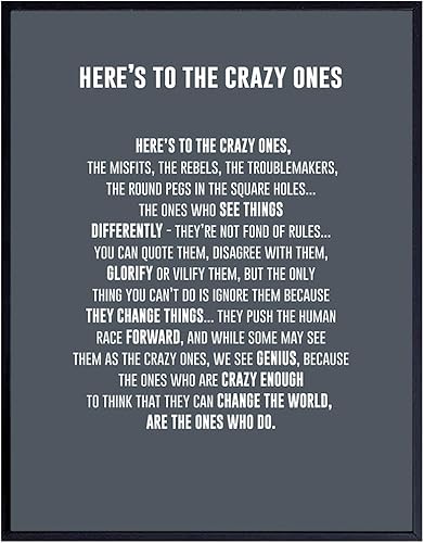 GRANDE 11 x 14 Here's to the Crazy Ones Póster motivacional de arte de pared Citas inspiradoras Refranes inspiradores para decoración de pared