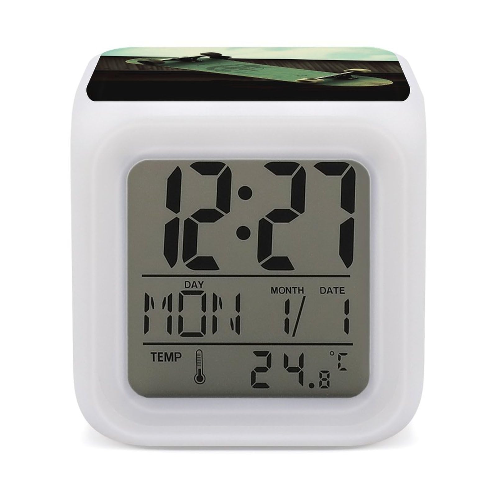 JTREHY Skateboard Alarm Clock Seven Color Night Light Digital Clock Precision Reliable Alarms Clocks for Bedroom Heavy Sleepers Adults Gift for Men and Women