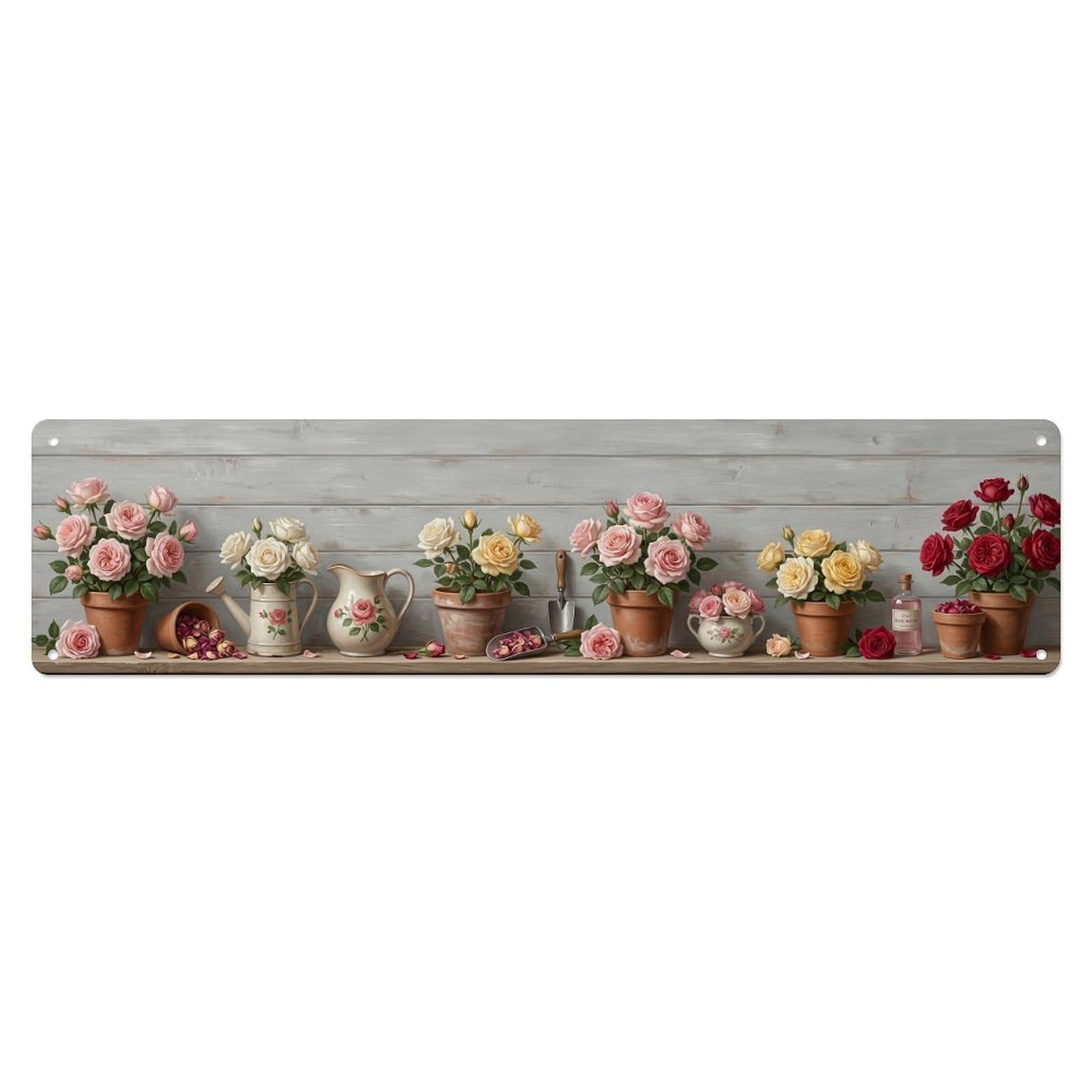 Floral Garden Tools Roses Dew Morning Pattern Print Metal Tin Sign