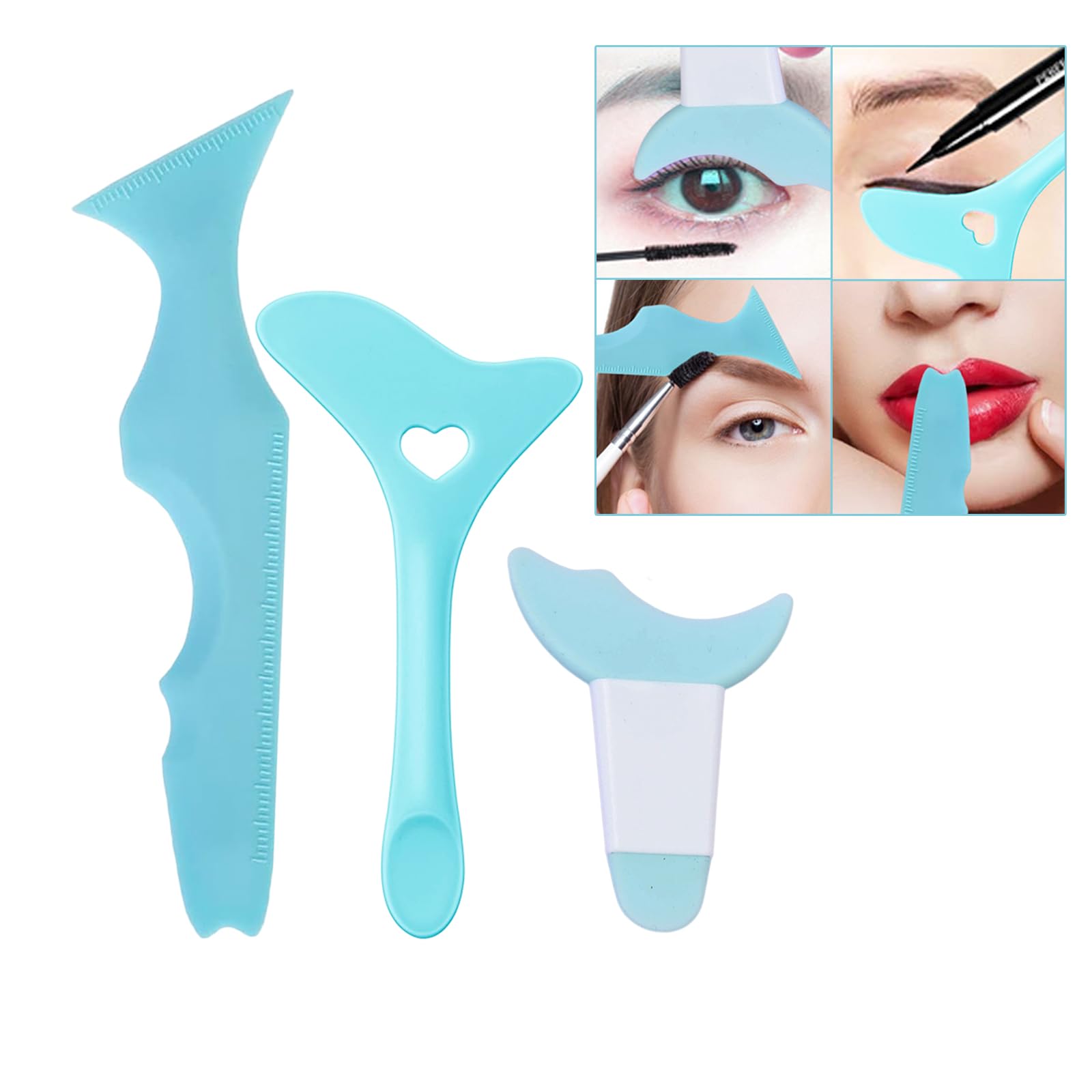3-Piece silicone makeup stencils applicators with shield, beginner-friendly eyeliner guide tool for winged looks (Blue)